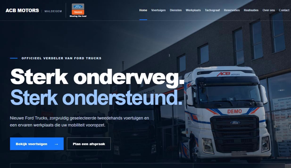 Homepage van ACB Motors Maldegem met een Ford Trucks-demo.