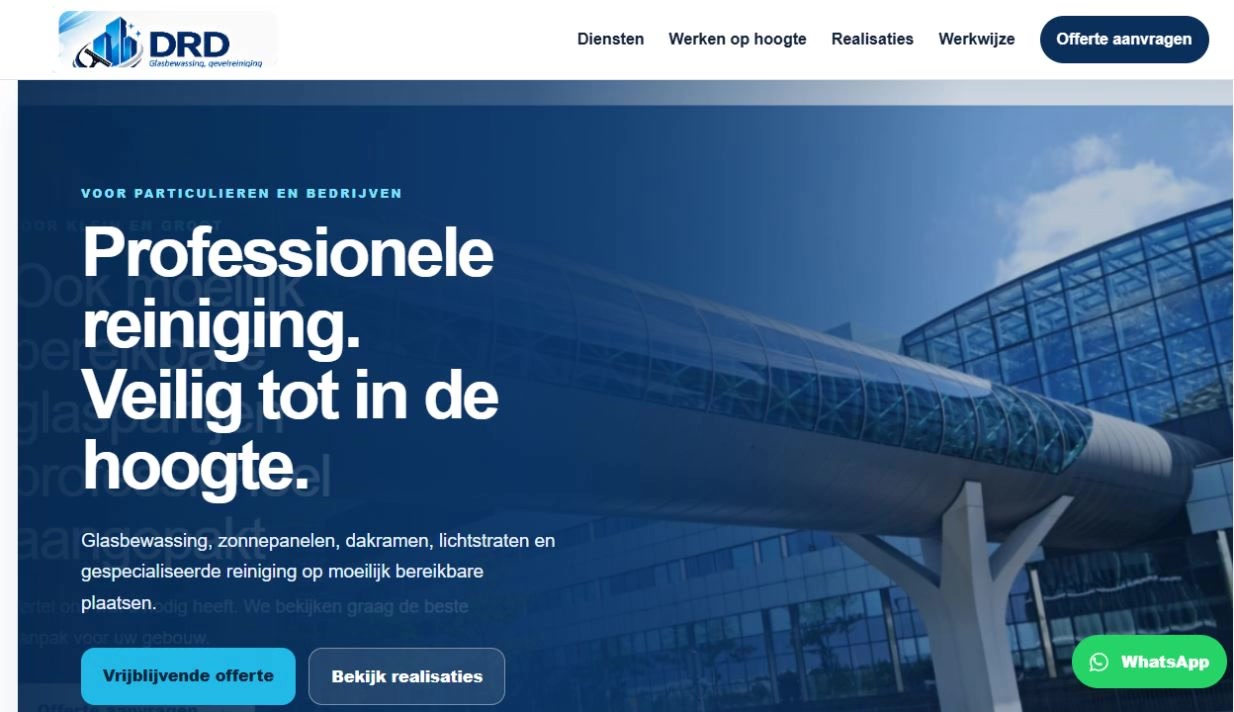Homepage van DRD Dienstverlening met professionele reiniging op hoogte.